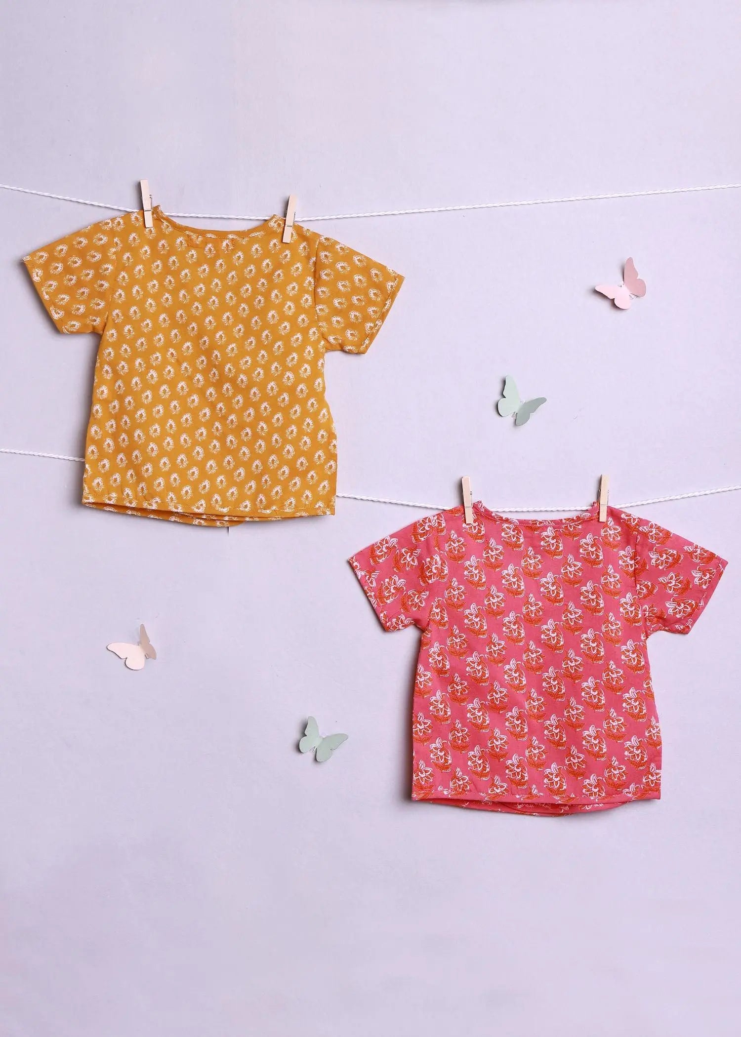 Booti Pink/ Yellow Cotton Angrakha Baby Jhabla Set of 2 (0-6 Months)