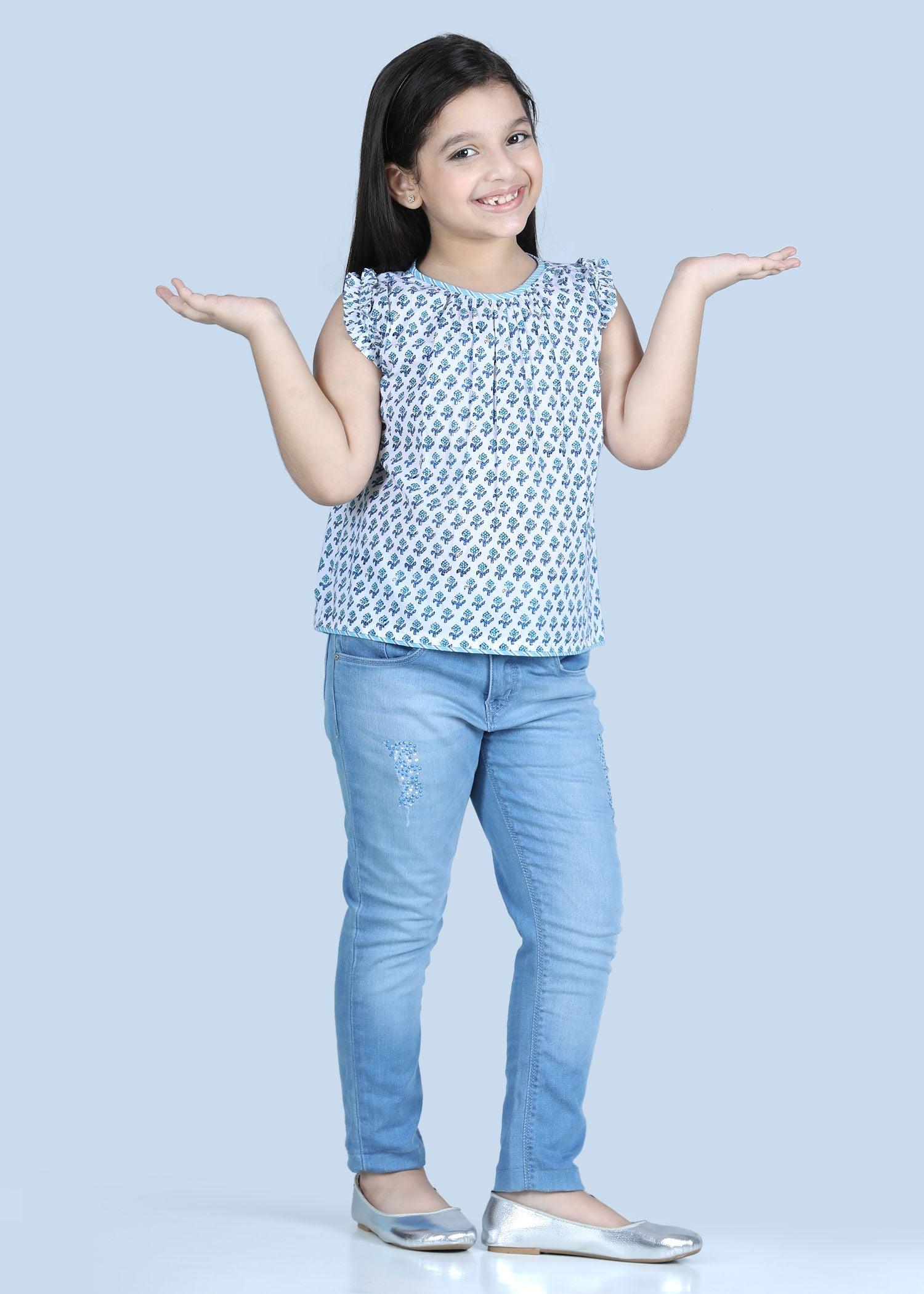 Vanilla Badam Buti Blue Cotton Top Girl (2-12 Years)