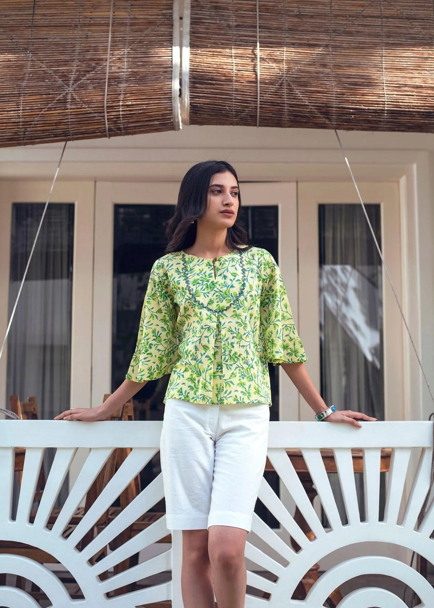 Bindu Yellow And Green Block Print Malmal Top