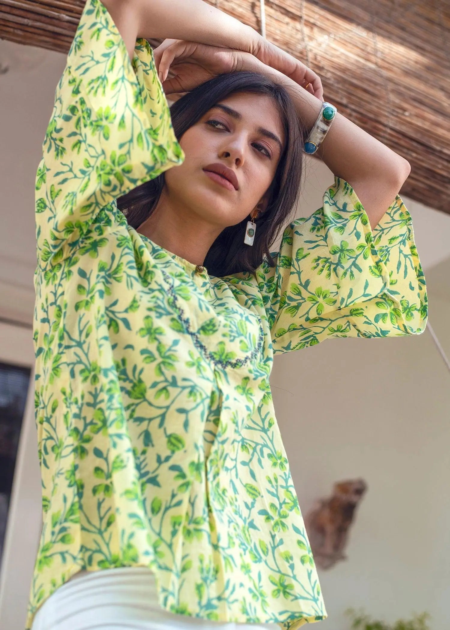 Bindu Yellow And Green Block Print Malmal Top