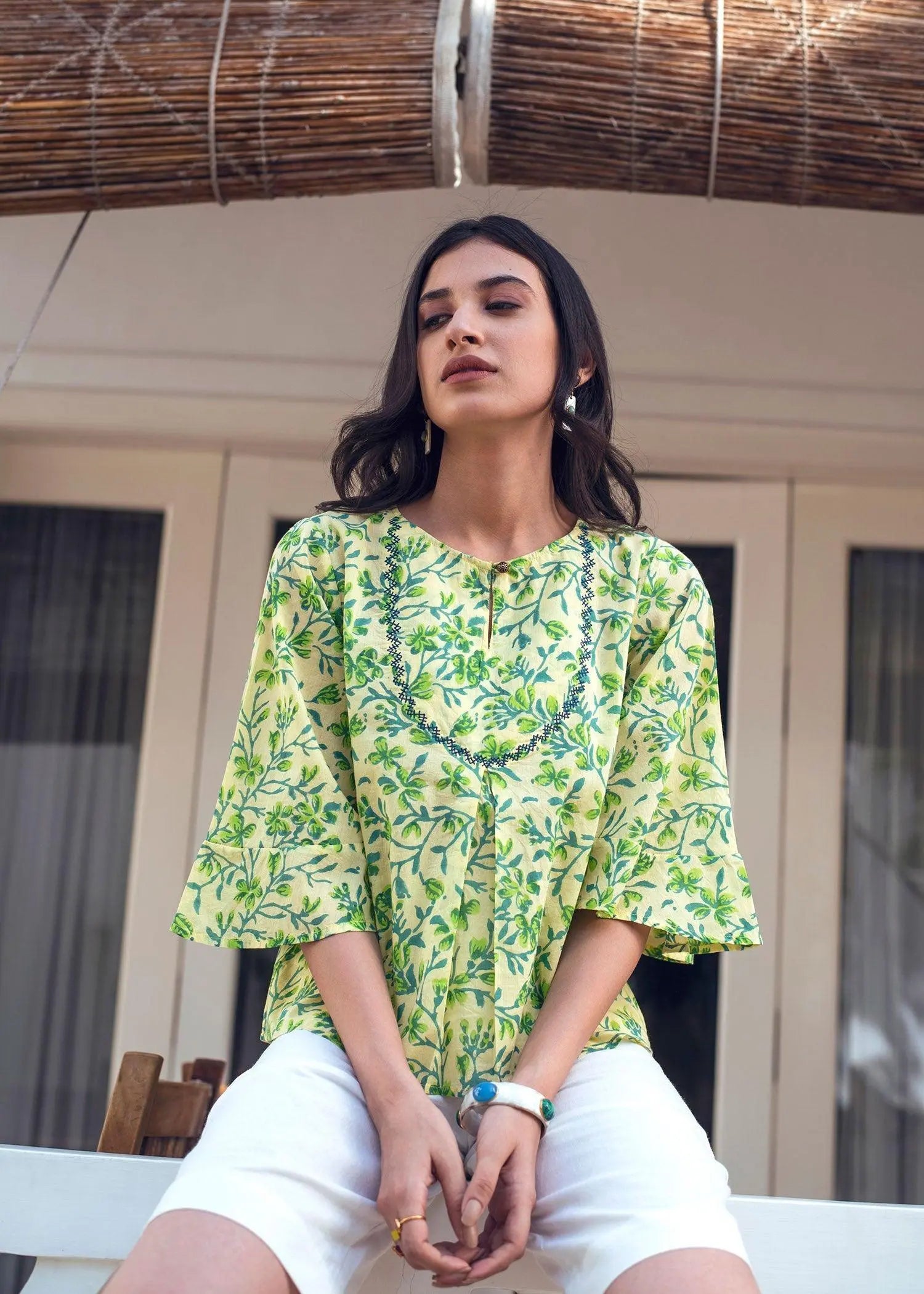 Bindu Yellow And Green Block Print Malmal Top