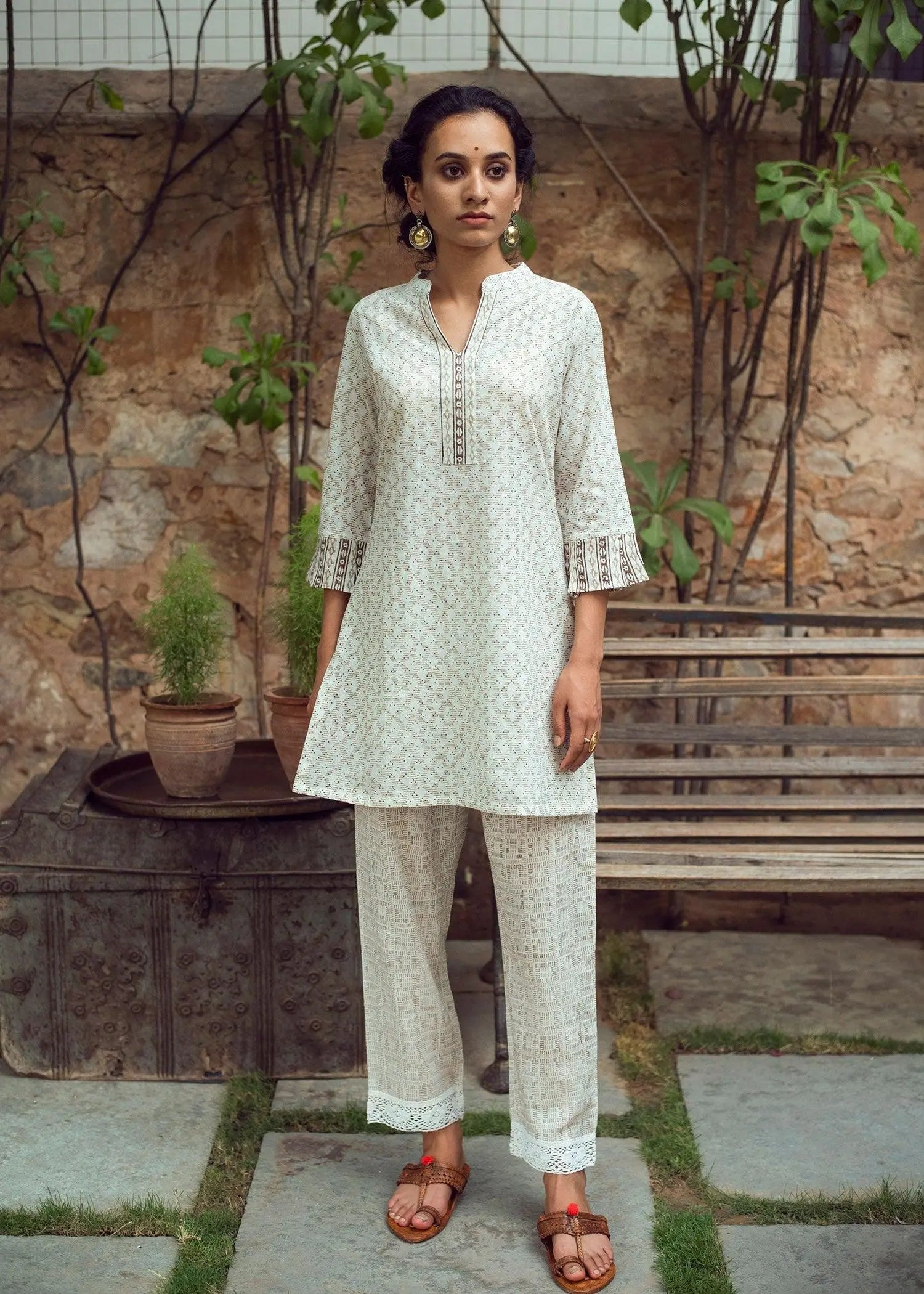 Aziz Beige And Cream Block Print Cotton Slub Tunic