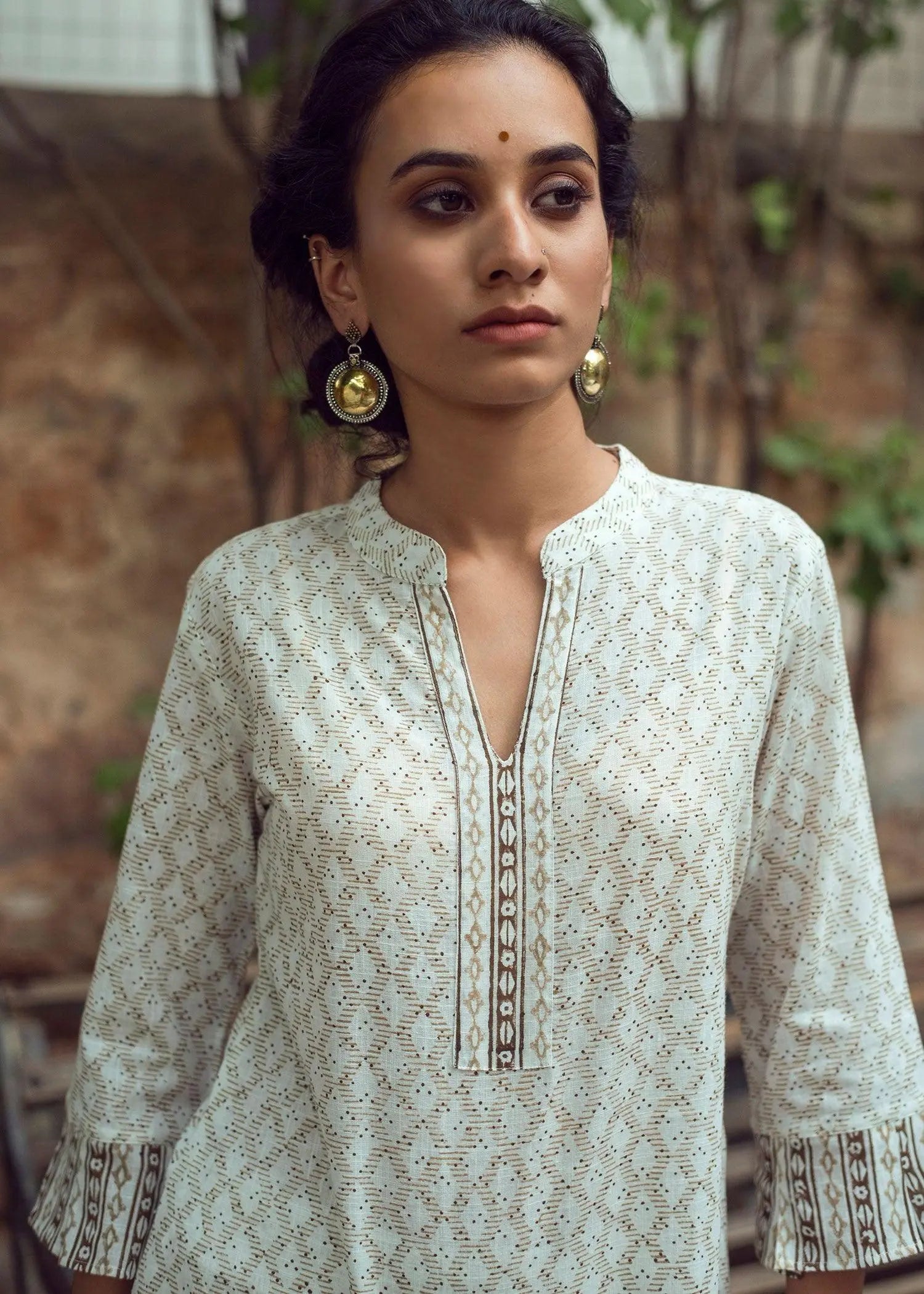 Aziz Beige And Cream Block Print Cotton Slub Tunic