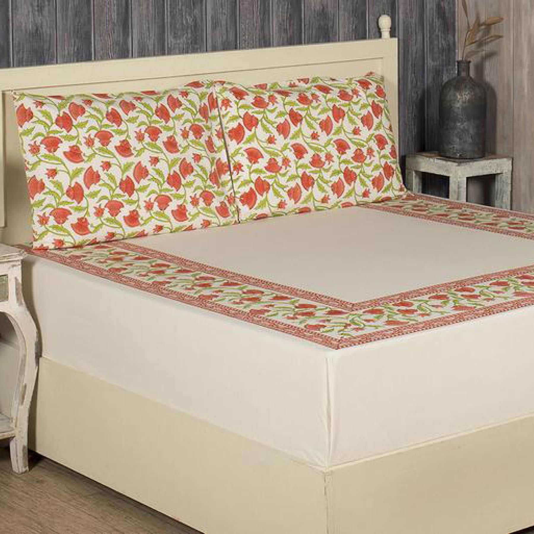 Ummed Jaal Green and Peach Hand Block Print Cotton Bed Sheet with Two Pillow Covers