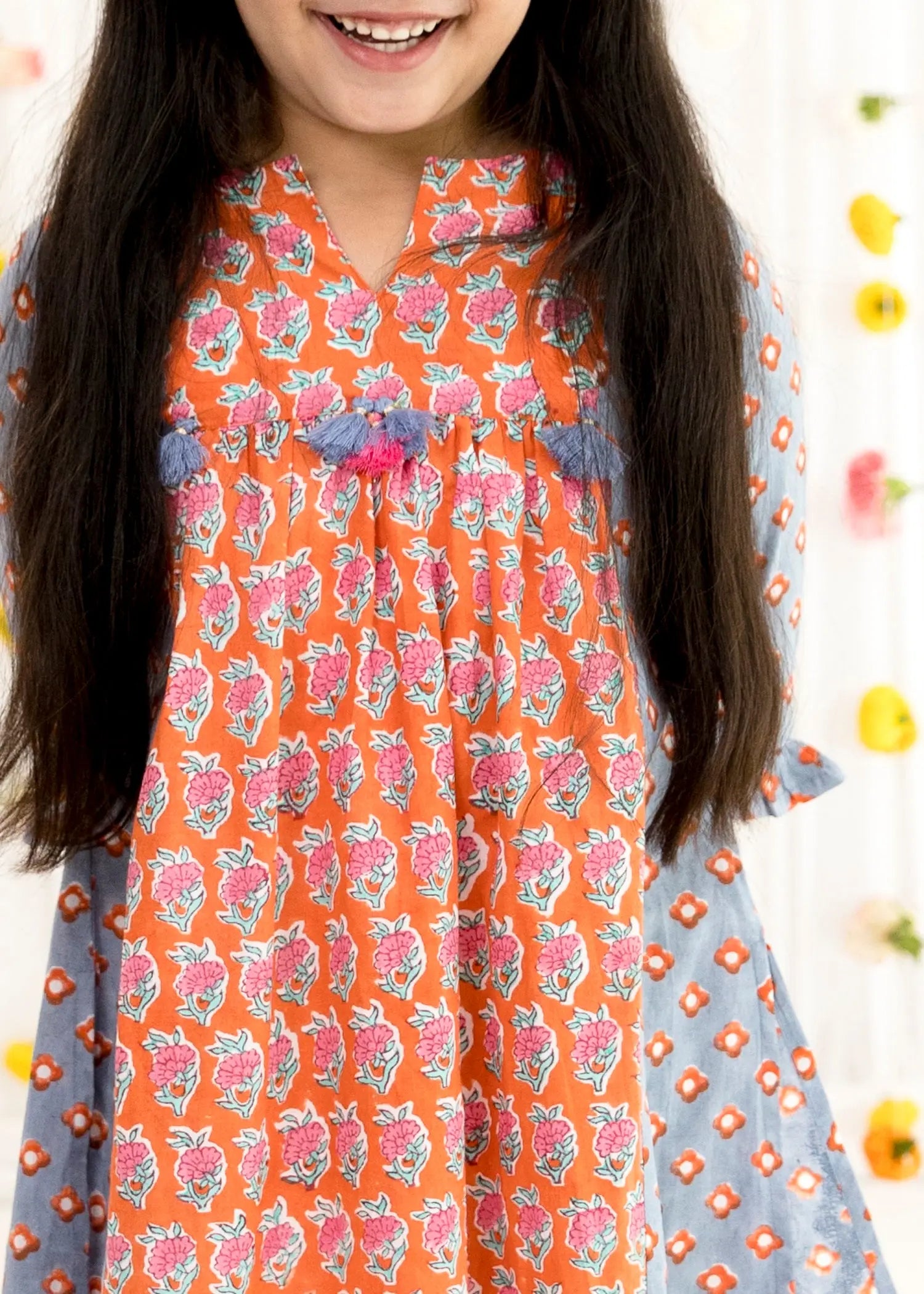 Orange/Blue Cotton Vanya Kurta Girls (2-14 Yrs)