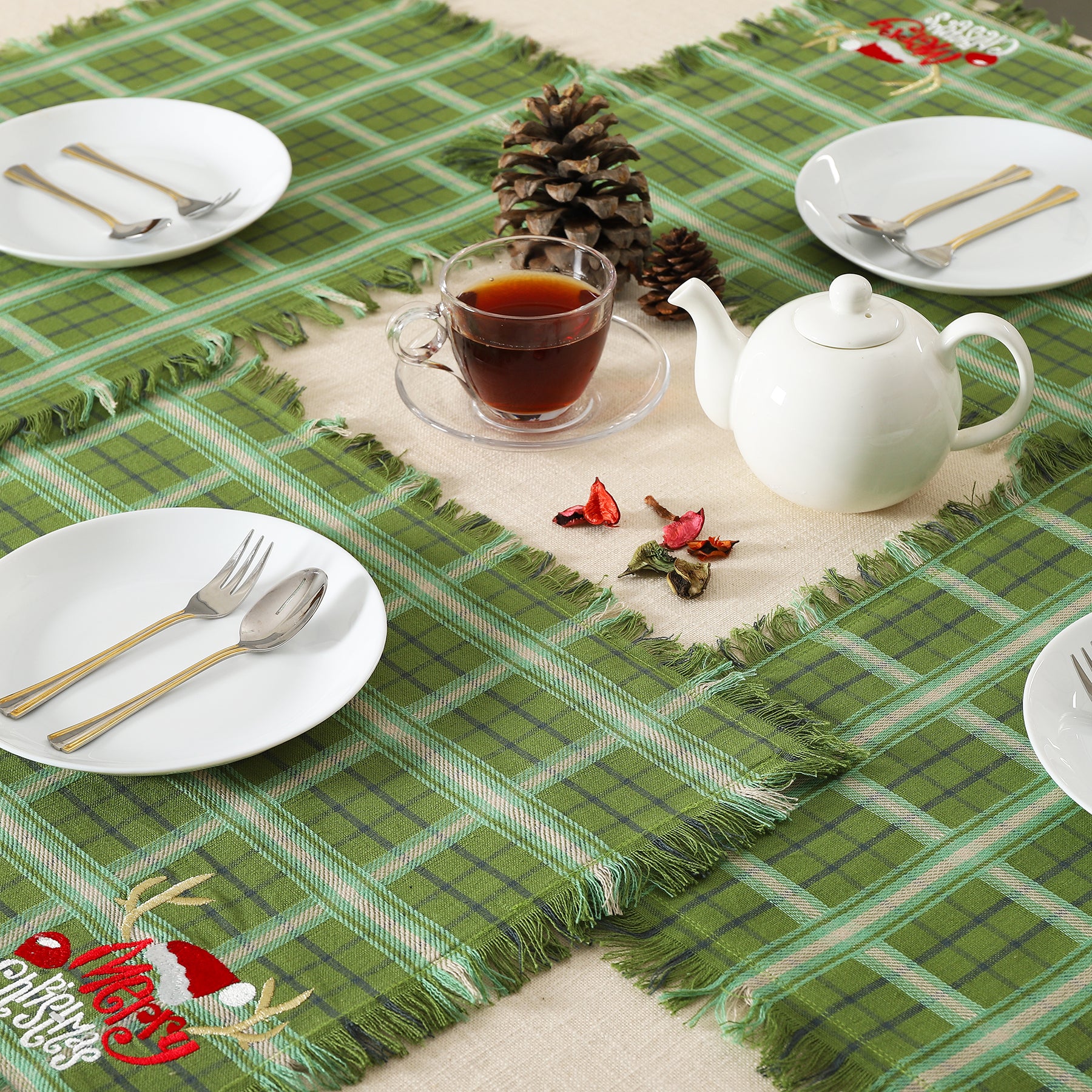 Green Handloom Cotton Embroidered Xmas Divine Table Mat Set of 6